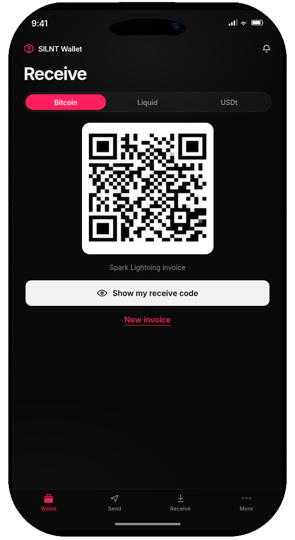 SILNT Receive with Bitcoin selected and a pay-in code.
