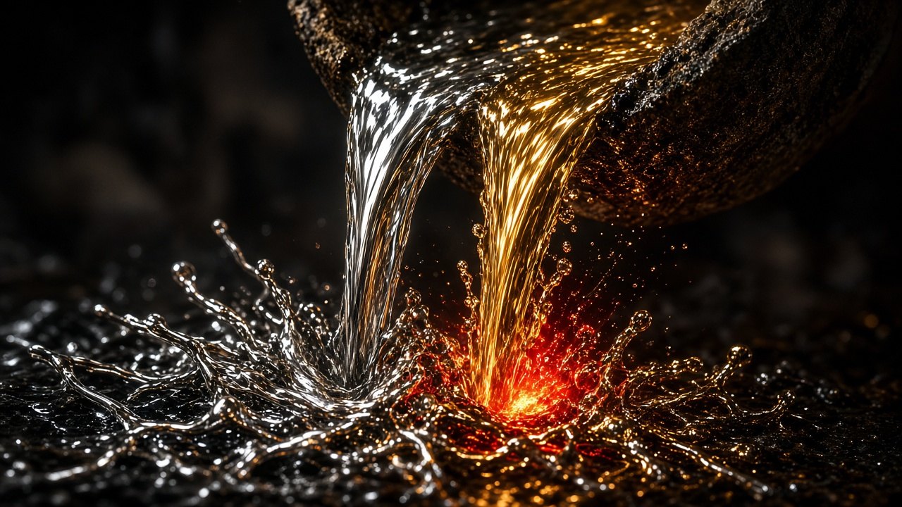 Silver and gold liquid metal pouring in the dark.
