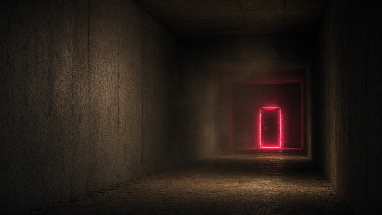 A dark corridor toward a faintly lit door.