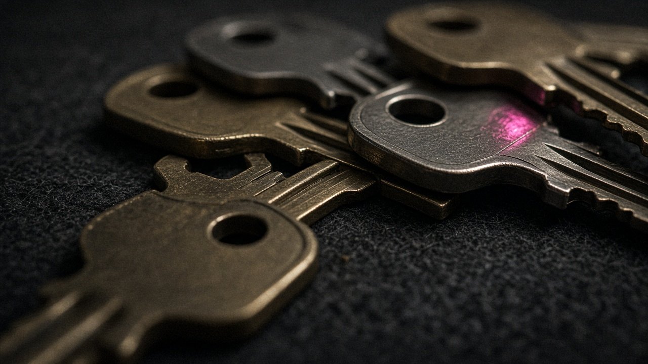 A close stack of metal key blanks on dark felt.